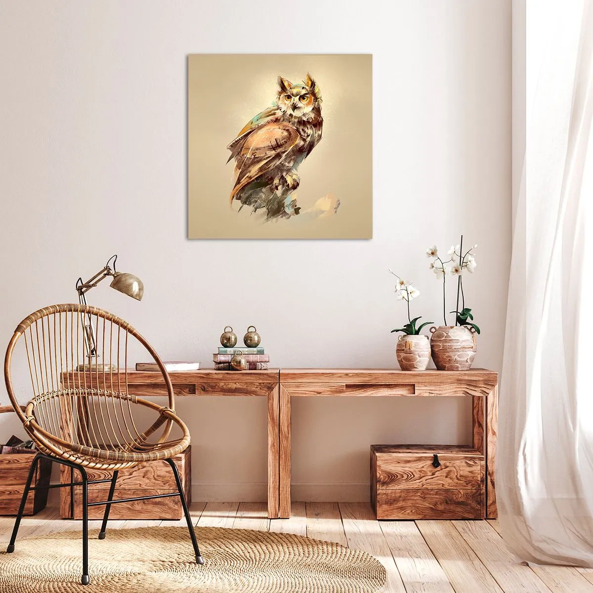Impression sur toile - Image sur toile - Le hibou le plus intelligent - confirmera la forêt de chênes - 40x40 cm