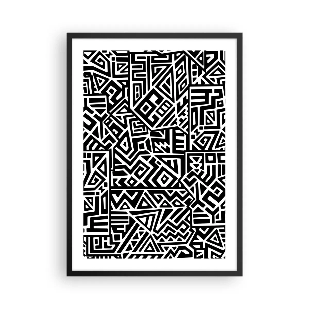 Affiche dans un cadre noir - Poster - Motif géométrique noir et blanc dans un style artistique - 50x70cm - Composition précolombienne - Décoration murale moderne pour le salon et la chambre ARTTOR