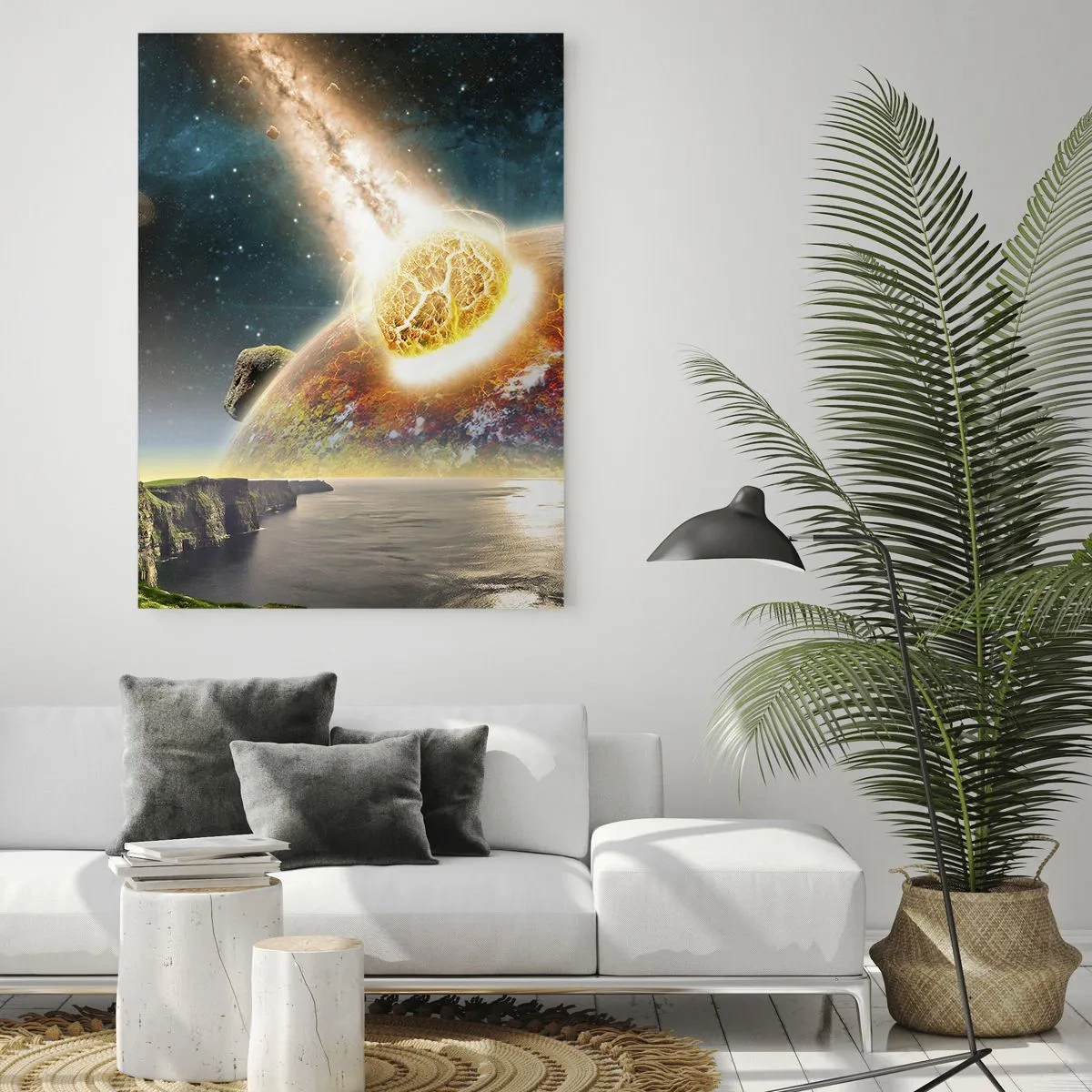 Impression sur verre - Image sur verre - Une météorite entre en collision avec une planète dans un paysage cosmique. - 80x120cm - Drame spatial - Décoration murale moderne pour le salon et la chambre ARTTOR
