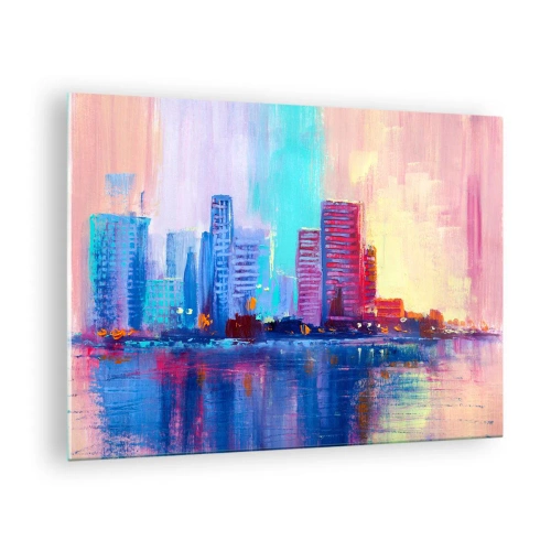 Impression sur verre - Image sur verre - Une ville moderne aux couleurs intenses se reflétant dans l'eau - 70x50cm - Baigné de couleurs - Décoration murale moderne pour le salon et la chambre ARTTOR