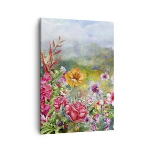 Impression sur toile - Image sur toile - Une composition colorée de fleurs sur un fond de paysage aux couleurs pastel - 50x70cm - Un jardin devenu fou - Décoration murale moderne pour le salon et la chambre ARTTOR
