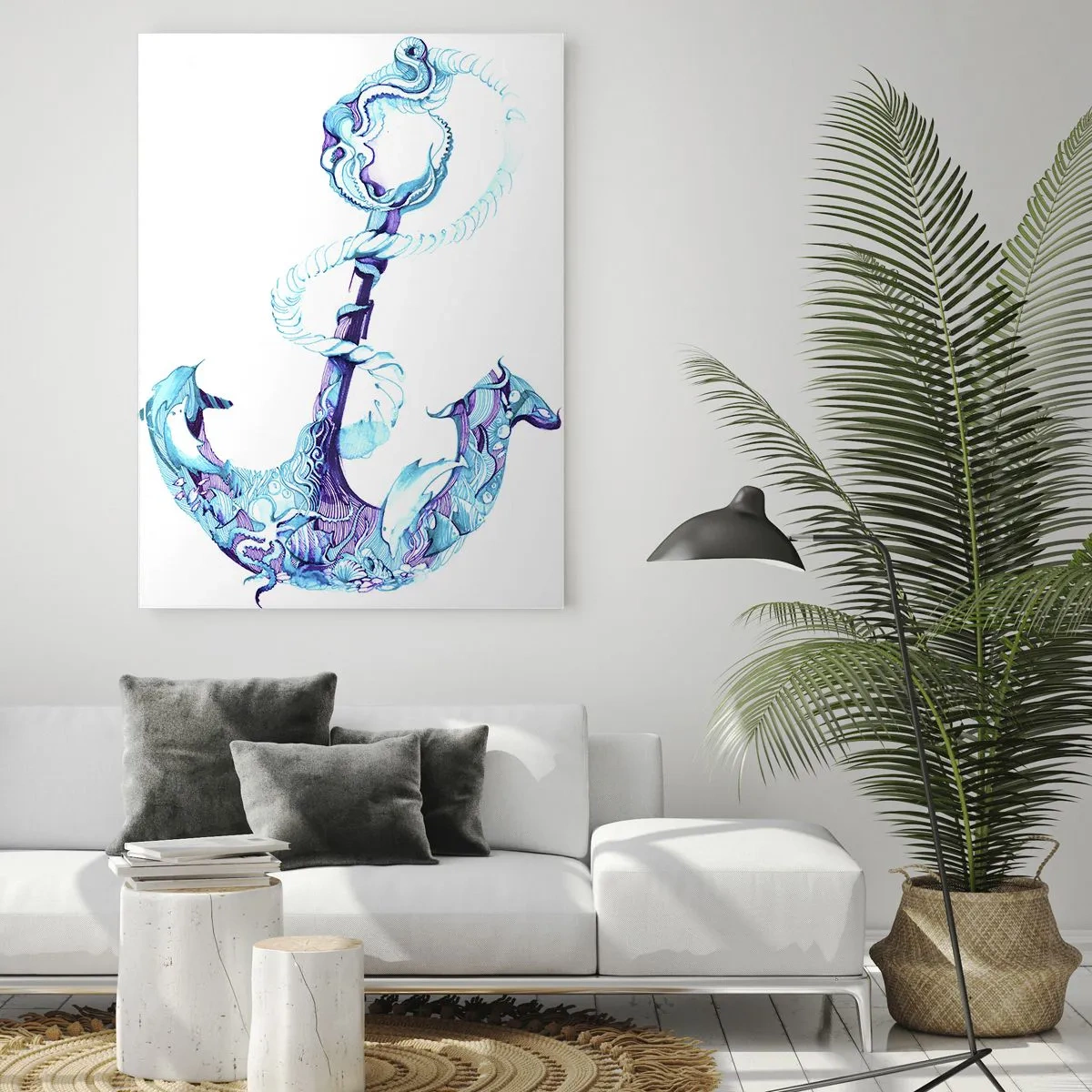 Impression sur verre - Image sur verre - Ancre abstraite dans des tons de bleu avec des détails nautiques - 70x100cm - Le confident des secrets de la mer - Décoration murale moderne pour le salon et la chambre ARTTOR