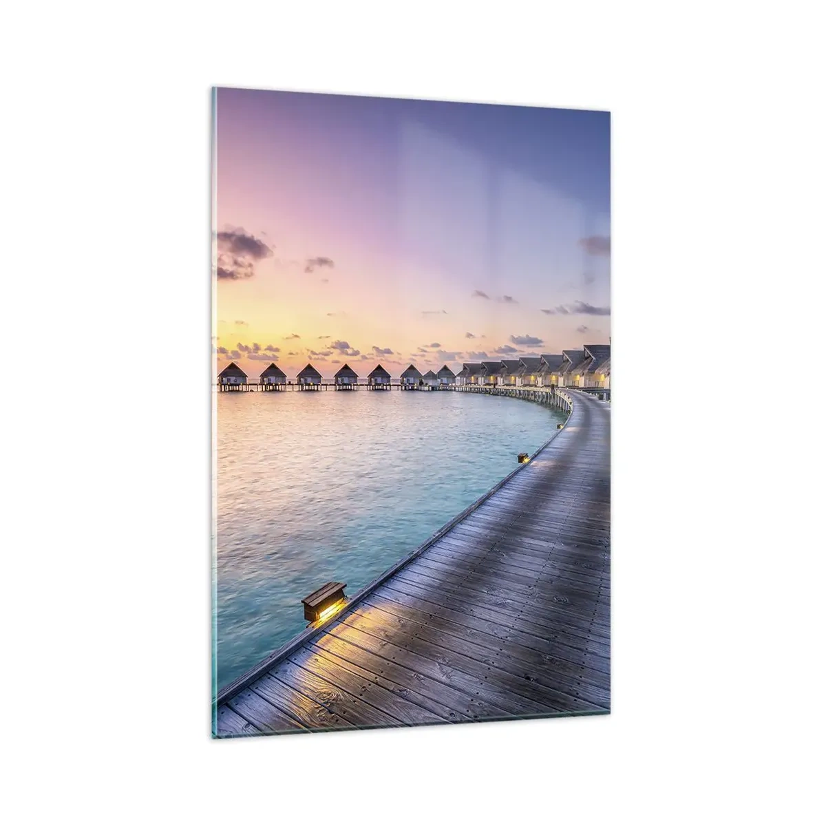Impression sur verre - Image sur verre - La jetée menant aux chalets au bord de l'eau au coucher du soleil - 80x120cm - Vacances - retour aux sources - Décoration murale moderne pour le salon et la chambre ARTTOR