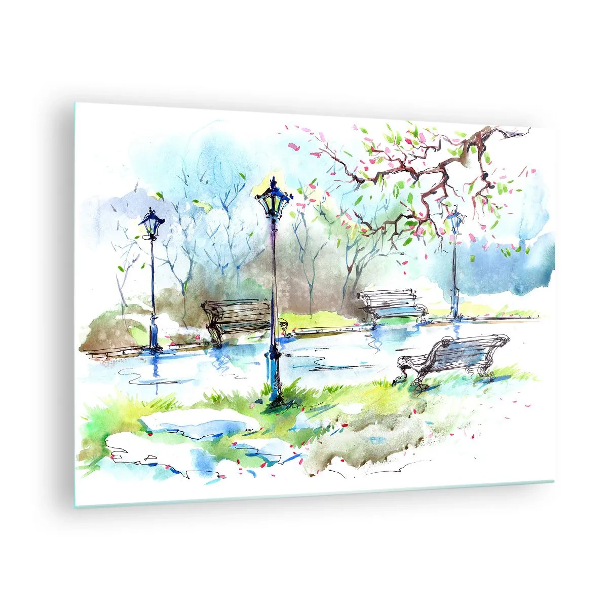 Impression sur verre - Image sur verre - Aquarelle représentant une scène de parc avec des bancs et des lanternes - 70x50cm - Le charme du silence d'un parc - Décoration murale moderne pour le salon et la chambre ARTTOR
