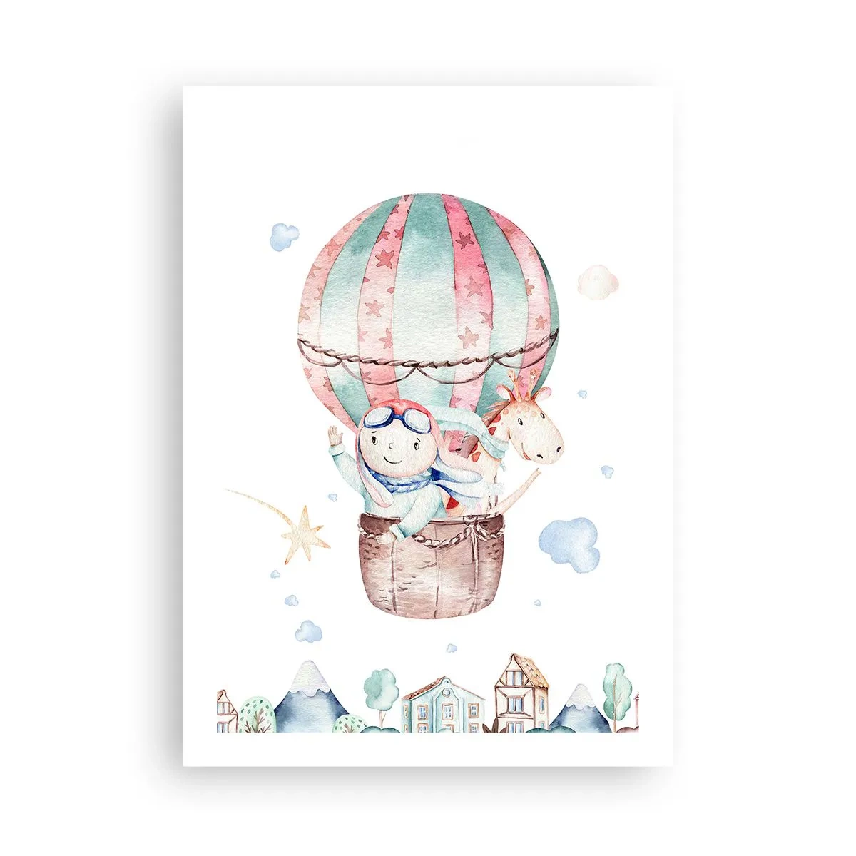 Affiche - Poster - Une jolie illustration d'un ours en peluche volant dans un ballon au-dessus d'une ville - 50x70cm - Nous serons de retour bientôt! - Décoration murale moderne pour le salon et la chambre ARTTOR