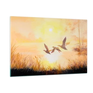 Impression sur verre - Image sur verre - Trois canards volant au-dessus d'un lac au lever du soleil - 120x80cm - Le début d'un long voyage - Décoration murale moderne pour le salon et la chambre ARTTOR