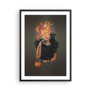 Affiche dans un cadre noir - Poster - Portrait artistique d'une femme avec des fleurs, une citrouille et un chat noir. - 50x70cm - Sort de sorcière - Décoration murale moderne pour le salon et la chambre ARTTOR