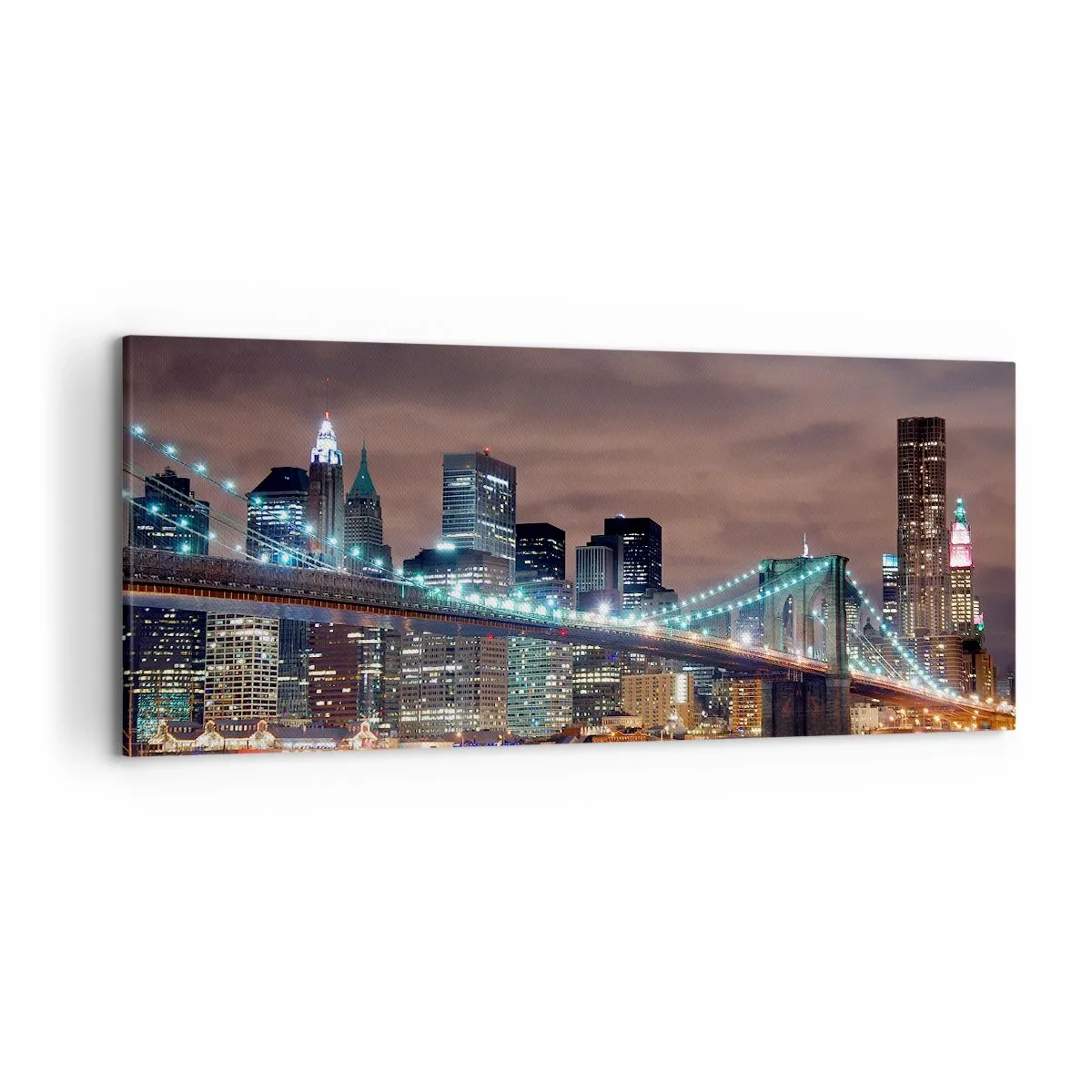 Impression sur toile - Image sur toile - Le pont illuminé la nuit sur fond de panorama urbain moderne - 120x50cm - Lumières des grandes villes - Décoration murale moderne pour le salon et la chambre ARTTOR