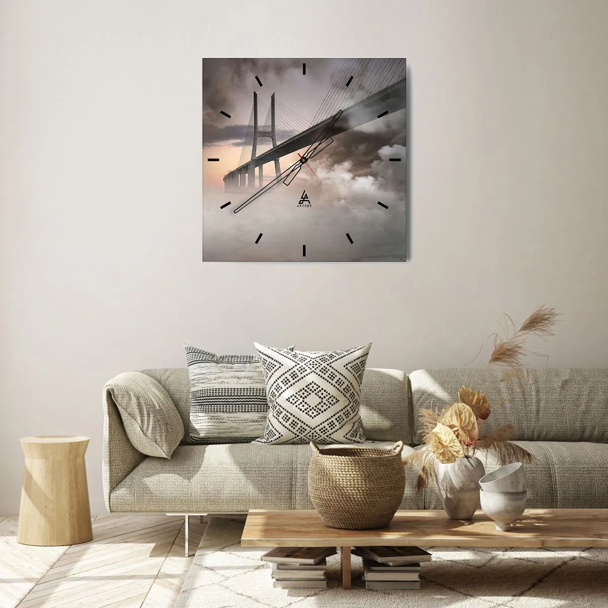 Horloge murale - Pendule murale - Un pont sur une rivière entouré de brouillard le matin - 30x30cm - Sur la rivière qui n'existe pas - Décoration murale moderne pour le salon et la chambre ARTTOR