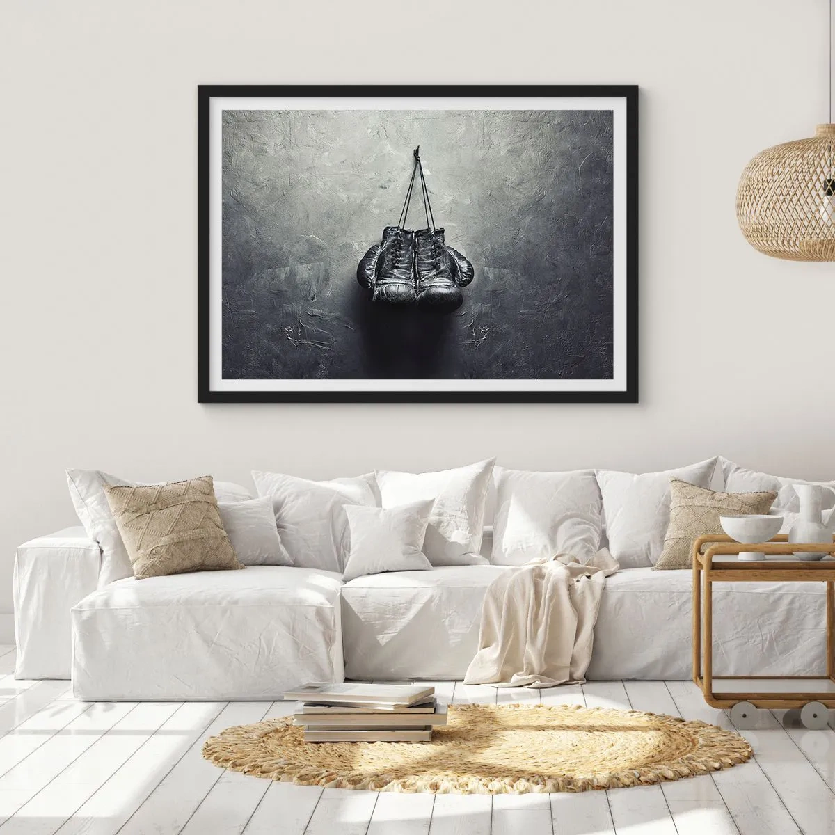 Affiche dans un cadre noir - Poster - De vieux gants de boxe contre le mur - 70x50cm - Un temps pour se battre et un temps pour la paix - Décoration murale moderne pour le salon et la chambre ARTTOR