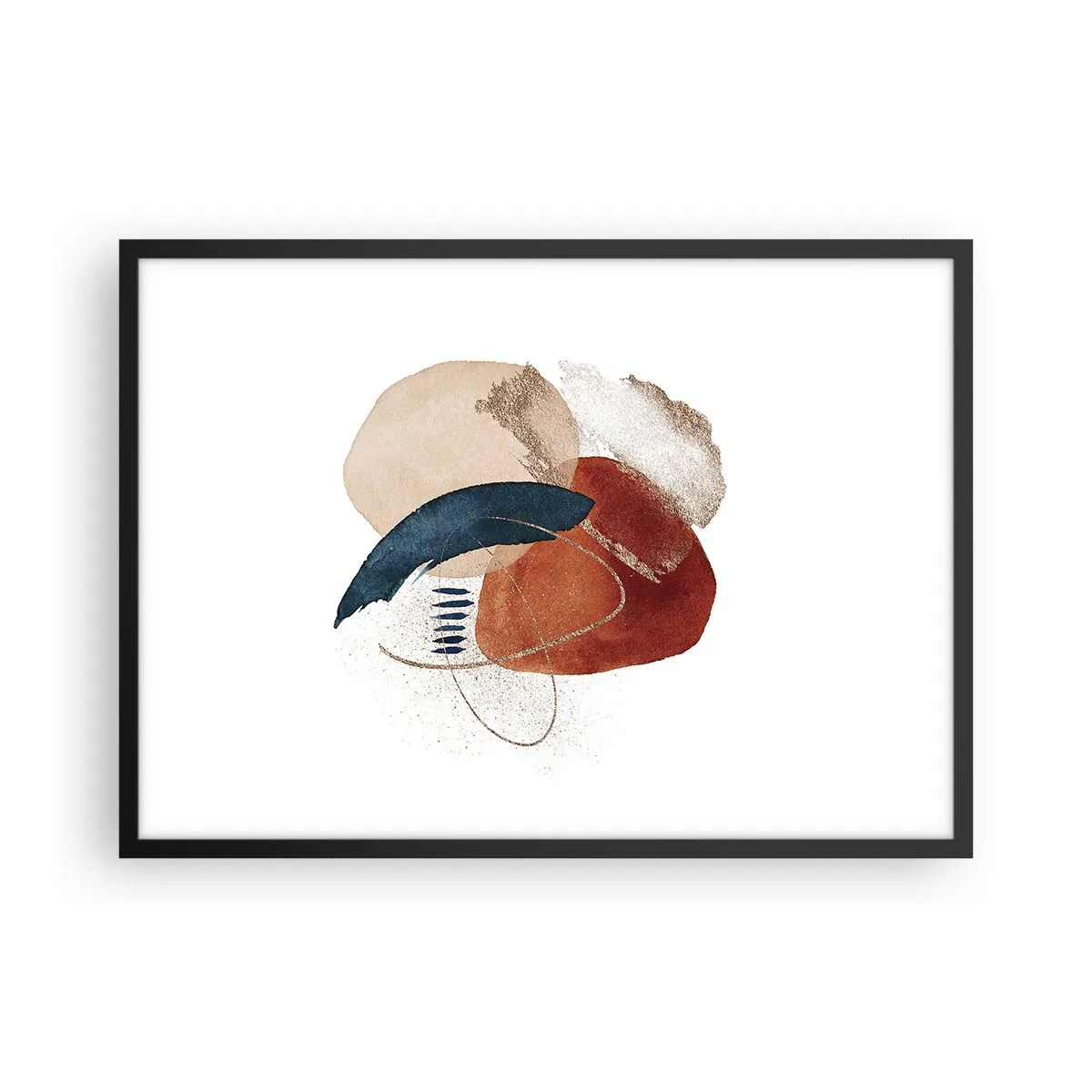 Affiche dans un cadre noir - Poster - Une composition abstraite avec des taches dans des tons terreux et bleu marine. - 70x50cm - Composition ovale - Décoration murale moderne pour le salon et la chambre ARTTOR