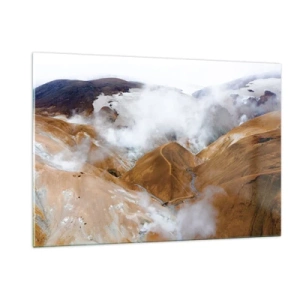 Impression sur verre - Image sur verre - Vue aérienne des collines et vallées islandaises fumantes - 120x80cm - Le charme brut de l'Islande - Décoration murale moderne pour le salon et la chambre ARTTOR