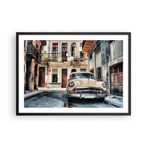 Affiche dans un cadre noir - Poster - Une voiture classique sur fond d'architecture urbaine - 70x50cm - Sieste à La Havane - Décoration murale moderne pour le salon et la chambre ARTTOR