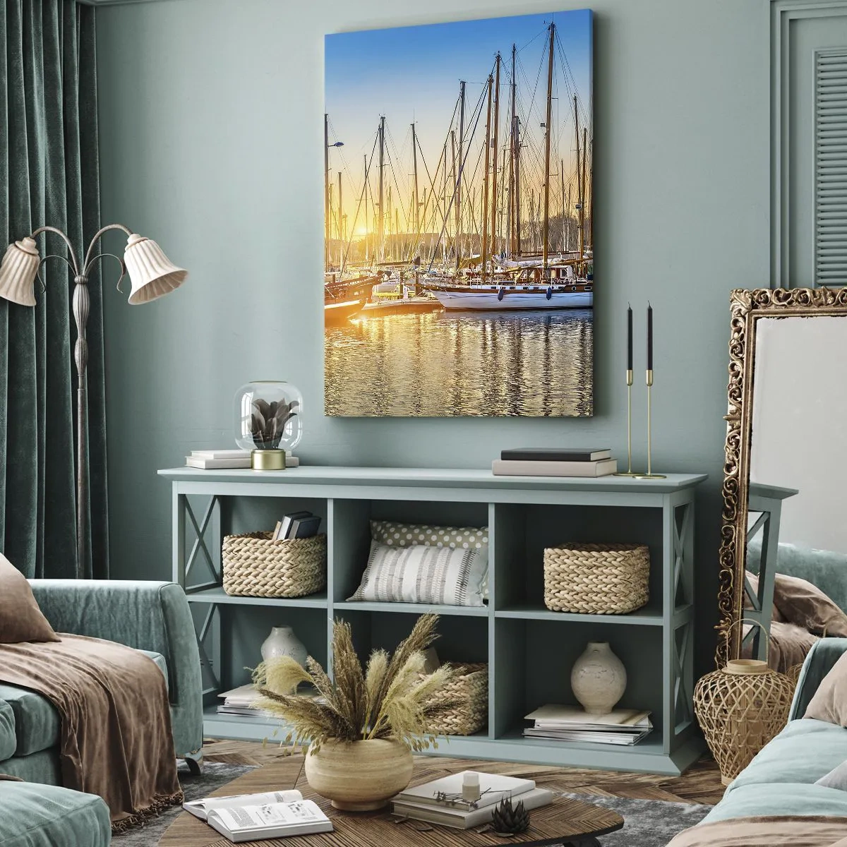 Impression sur toile - Image sur toile - Coucher de soleil sur une marina pleine de voiliers - 70x100cm - Le vent aussi doit dormir - Décoration murale moderne pour le salon et la chambre ARTTOR