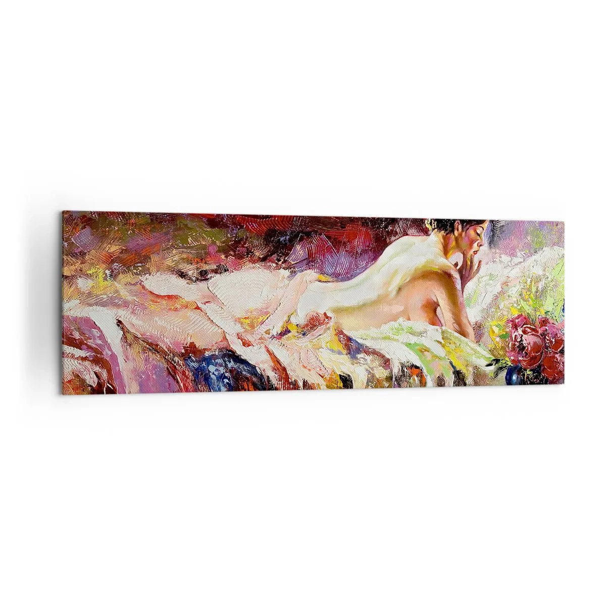 Impression sur toile - Image sur toile - Une femme allongée sur un lit sur un fond de couleurs abstraites. - 160x50cm - Vénus en pensée - Décoration murale moderne pour le salon et la chambre ARTTOR
