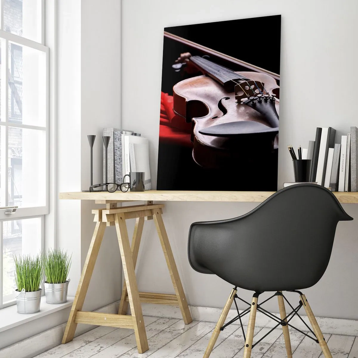 Impression sur verre - Image sur verre - Violon sur tissu rouge sur fond noir - 50x70cm - Musique des sentiments - Décoration murale moderne pour le salon et la chambre ARTTOR
