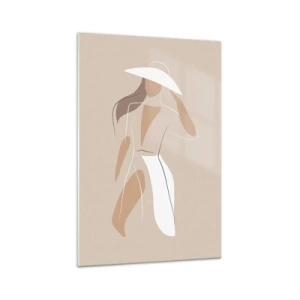 Impression sur verre - Image sur verre - Un dessin minimaliste d'une femme avec un chapeau sur fond beige. - 70x100cm - Lea mode est un jeu - Décoration murale moderne pour le salon et la chambre ARTTOR