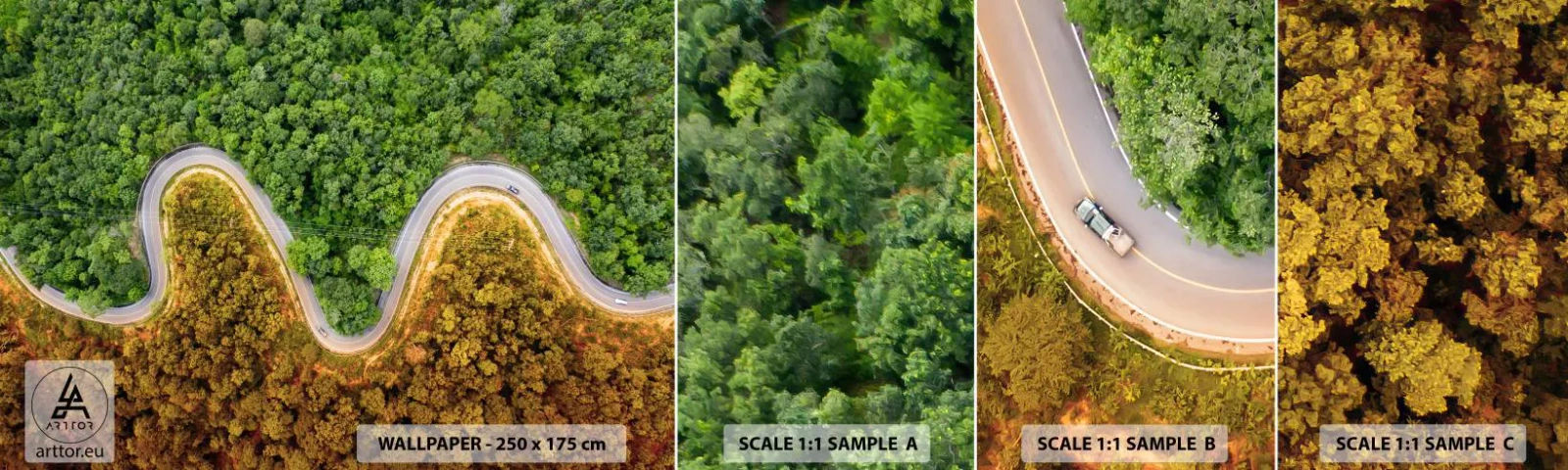 Échantillon De Papier Peint Standard Eco - Frontieres et differences - Paysage, Voiture Route, Forêt - 100x30 cm