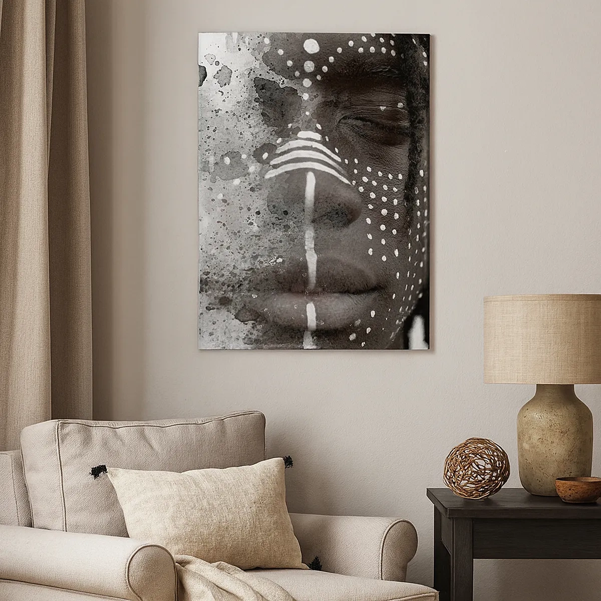 Impression sur toile - Image sur toile - Portrait de visage artistique avec des motifs blancs abstraits - 50x70cm - Découvrez l'esprit primal - Décoration murale moderne pour le salon et la chambre ARTTOR
