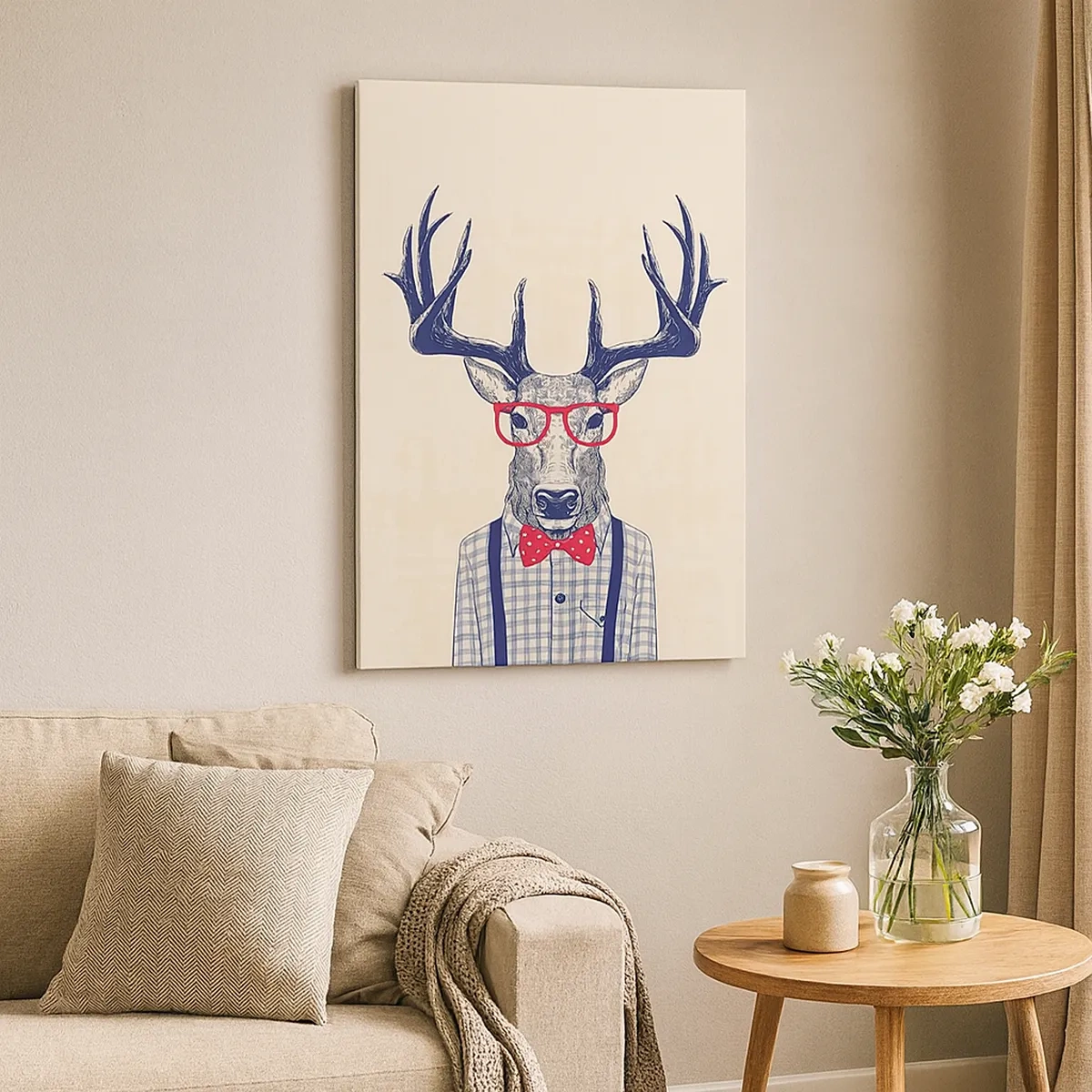 Impression sur toile - Image sur toile - Graphique stylisé d'un cerf portant des lunettes et un nœud papillon - 50x70cm - Une extravagance amusante - Décoration murale moderne pour le salon et la chambre ARTTOR