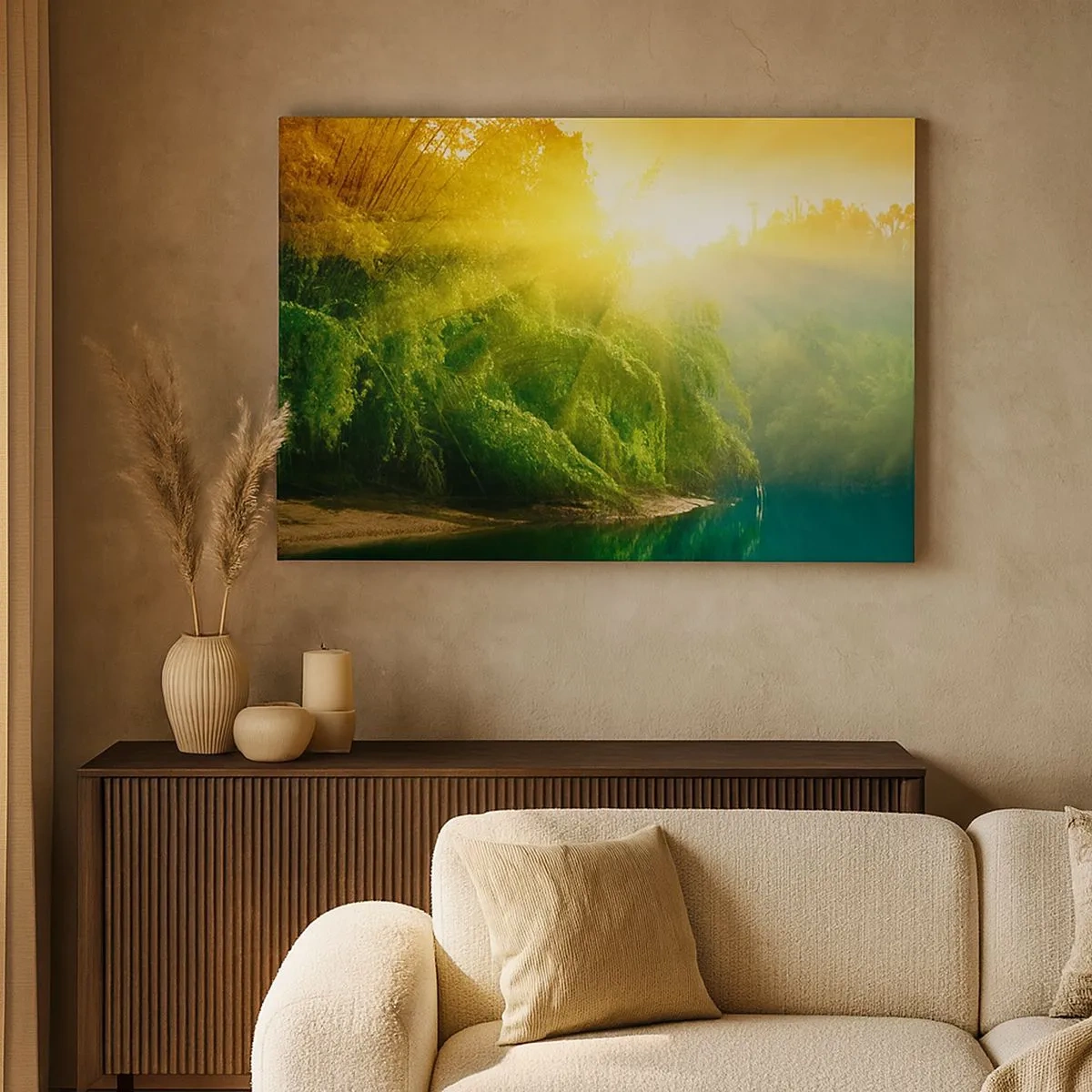 Impression sur toile - Image sur toile - Une forêt verte au bord de la rivière, illuminée par les rayons du soleil levant - 70x50cm - Se noyer au soleil et à l'ombre - Décoration murale moderne pour le salon et la chambre ARTTOR