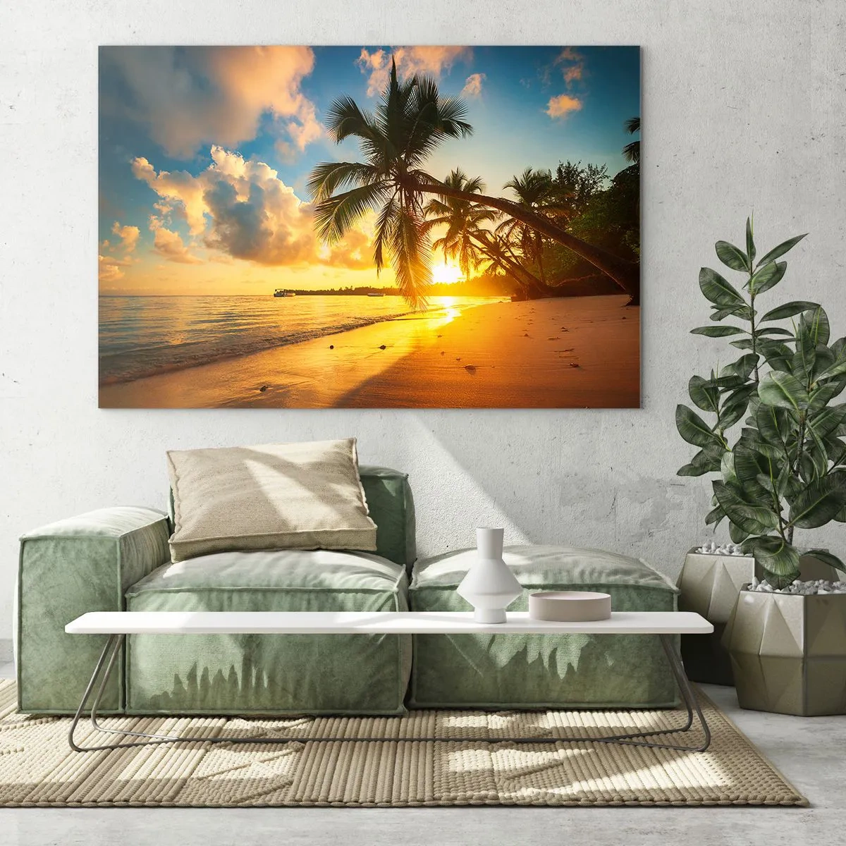 Impression sur verre - Image sur verre - Plage tropicale avec palmiers au coucher du soleil - 70x50cm - Rêve caribéen - Décoration murale moderne pour le salon et la chambre ARTTOR