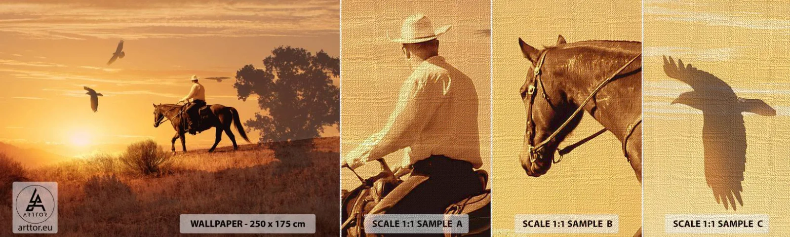 Échantillon de Papier Peint Premium Canvas - Seul à travers la prairie - Cheval, Cow-boy, Paysage - 100x30 cm