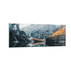 Impression sur verre - Image sur verre - Un paysage de montagne se reflétant dans la surface calme d'un lac - 140x50cm - Reflet de paysage - Décoration murale moderne pour le salon et la chambre ARTTOR