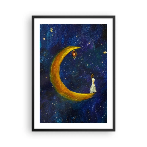 Affiche dans un cadre noir - Poster - Une silhouette sur une lune dorée contre un ciel nocturne étoilé - 50x70cm - Appel du monde - Décoration murale moderne pour le salon et la chambre ARTTOR
