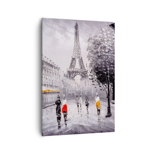 Impression sur toile - Image sur toile - Une vue de la Tour Eiffel dans un décor monochrome avec des touches de couleur - 70x100cm - Balade parisienne - Décoration murale moderne pour le salon et la chambre ARTTOR