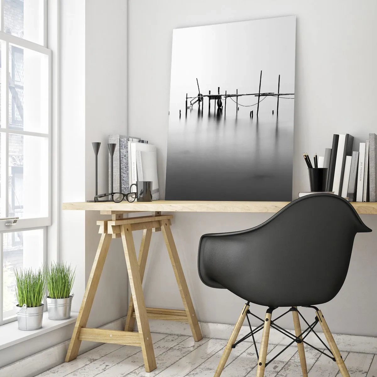 Impression sur verre - Image sur verre - Une jetée noire et blanche immergée dans un paysage brumeux - 70x100cm - Et s'il n'y avait pas de monde ? - Décoration murale moderne pour le salon et la chambre ARTTOR