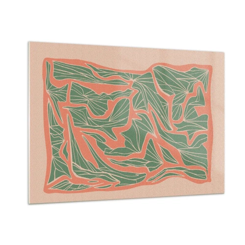 Impression sur verre - Image sur verre - Formes feuillues vertes entourées d'un cadre corail sur fond beige - 100x70cm - La lutte entre le corail et la verdure - Décoration murale moderne pour le salon et la chambre ARTTOR