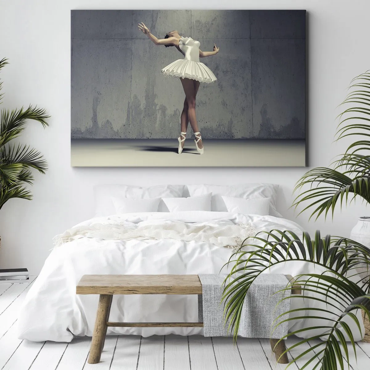 Impression sur toile - Image sur toile - Une danseuse de ballet en robe blanche contre un mur brut. - 120x80cm - Léger comme un oiseau - Décoration murale moderne pour le salon et la chambre ARTTOR