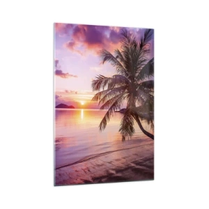Impression sur verre - Image sur verre - Plage tropicale avec palmier au coucher du soleil - 70x100cm - Le bonheur à l'horizon - Décoration murale moderne pour le salon et la chambre ARTTOR