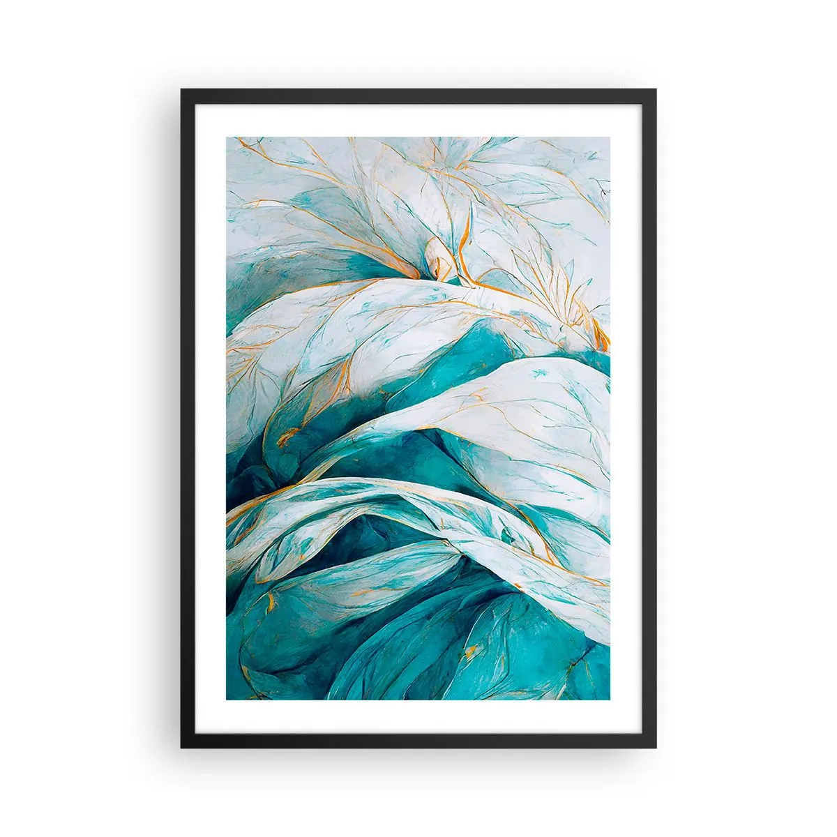 Affiche dans un cadre noir - Poster - Feuilles abstraites dans des tons turquoise et blanc avec de l'or délicat - 50x70cm - Abstraction bleue avec un motif doré - Décoration murale moderne pour le salon et la chambre ARTTOR