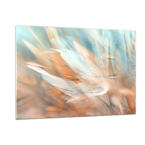 Impression sur verre - Image sur verre - Plumes délicates dans des tons pastel turquoise et pêche - 120x80cm - Au pays de la douceur - Décoration murale moderne pour le salon et la chambre ARTTOR