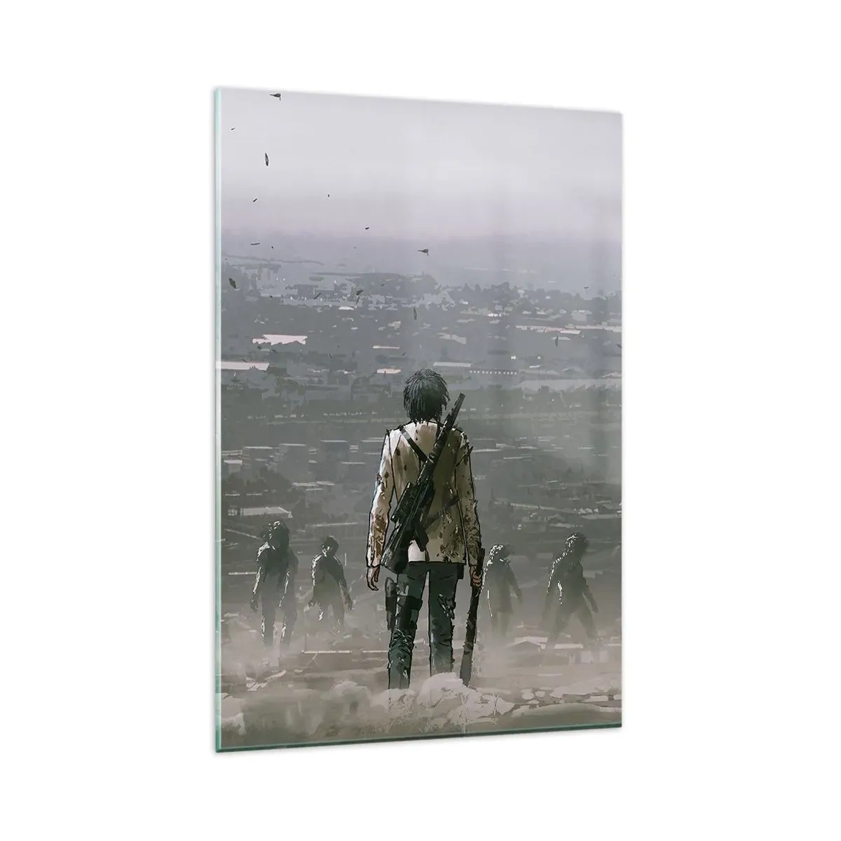Impression sur verre - Image sur verre - Une silhouette avec une arme se tient devant un groupe dans un paysage dystopique. - 80x120cm - Dernier samaritain ? - Décoration murale moderne pour le salon et la chambre ARTTOR
