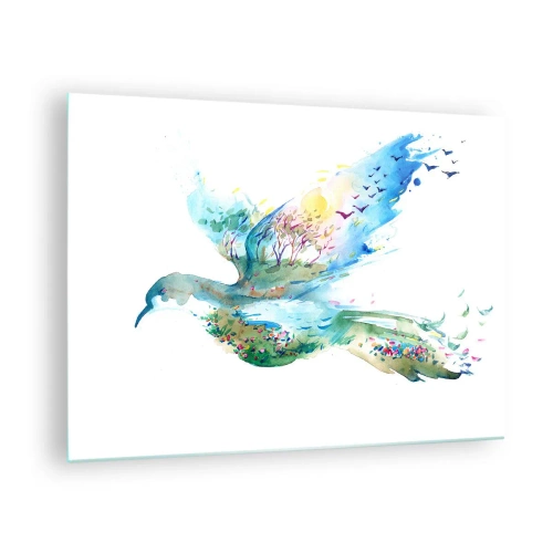Impression sur verre - Image sur verre - Silhouette aquarelle d'un oiseau avec un paysage en arrière-plan - 70x50cm - Sur les ailes de la nature - Décoration murale moderne pour le salon et la chambre ARTTOR