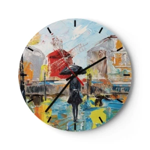 Horloge murale - Pendule murale - Scène de ville colorée avec une femme et un moulin à vent - 30x30cm - Légende parisienne - Décoration murale moderne pour le salon, la cuisine et la chambre ARTTOR