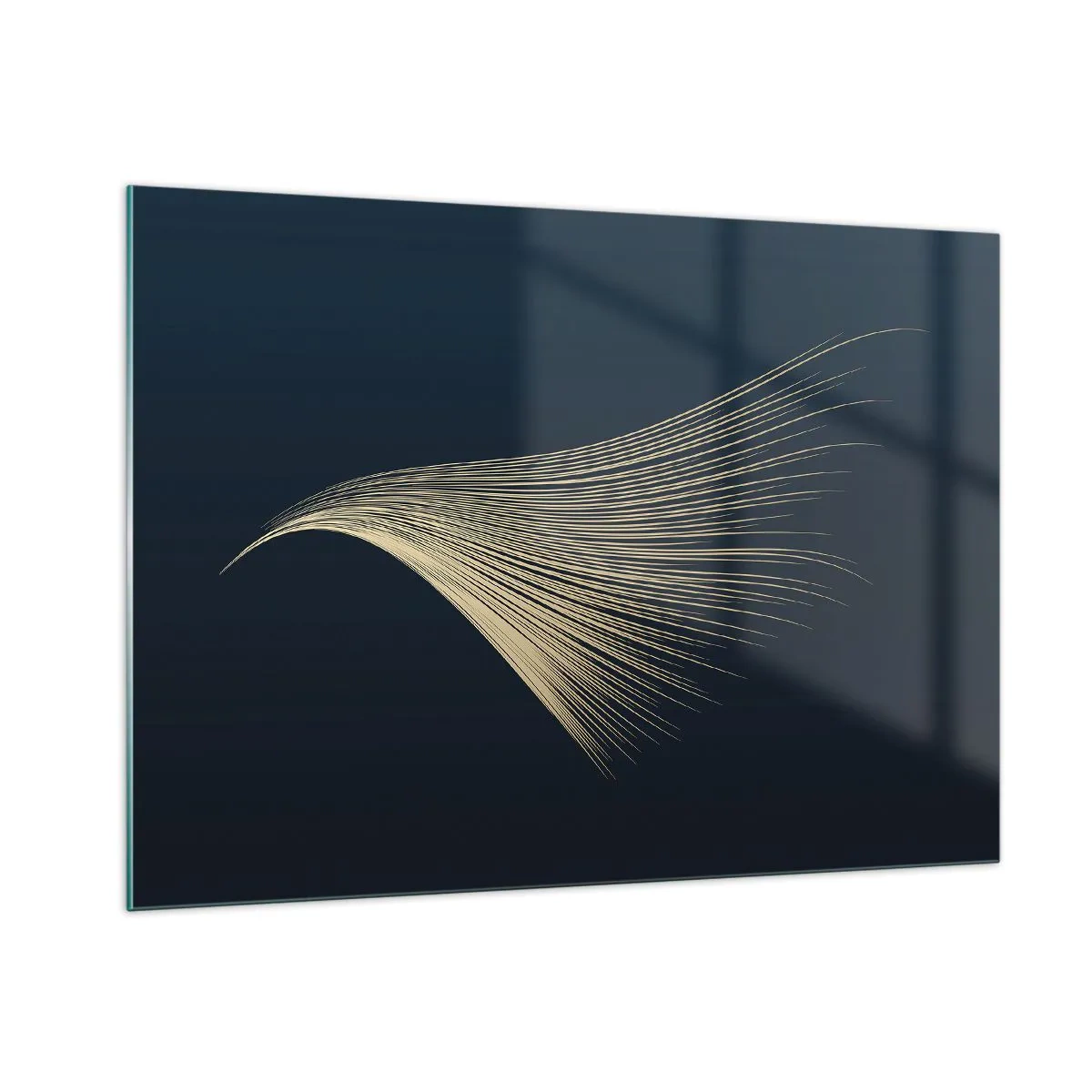 Impression sur verre - Image sur verre - Une ligne dorée ressemblant à une aile sur un fond bleu marine - 100x70cm - Comme les cheveux d'un ange - Décoration murale moderne pour le salon et la chambre ARTTOR