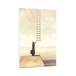 Impression sur verre - Image sur verre - Une femme debout sur une jetée avec une échelle menant au ciel - 80x120cm - Voyage magique - Décoration murale moderne pour le salon et la chambre ARTTOR