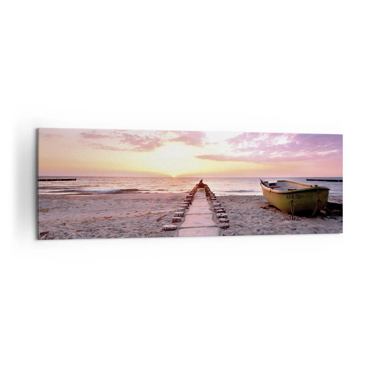Impression sur toile - Image sur toile - Plage au lever du soleil avec bateau et jetée - 160x50cm - Moment d'expérience profonde - Décoration murale moderne pour le salon et la chambre ARTTOR