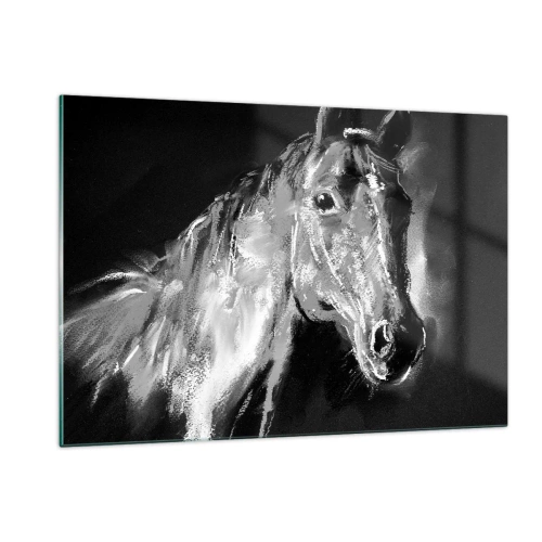 Impression sur verre - Image sur verre - Portrait d'un cheval dans les tons de noir et blanc sur fond sombre - 120x80cm - L'éclat d'une âme noble - Décoration murale moderne pour le salon et la chambre ARTTOR