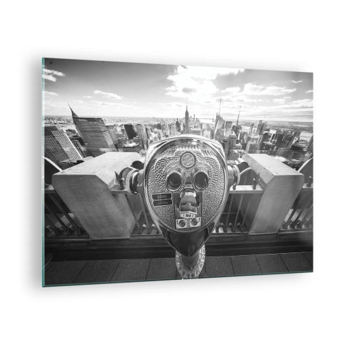 Impression sur verre - Image sur verre - Vue en noir et blanc de New York avec un télescope d'observation - 70x50cm - Ville sur les villes - Décoration murale moderne pour le salon et la chambre ARTTOR