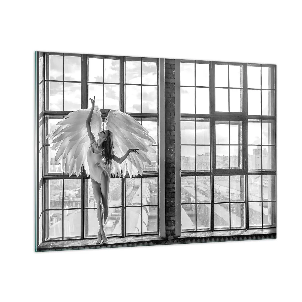 Impression sur verre - Image sur verre - Ballerine avec des ailes d'ange en noir et blanc - 100x70cm - La ville des anges? - Décoration murale moderne pour le salon et la chambre ARTTOR