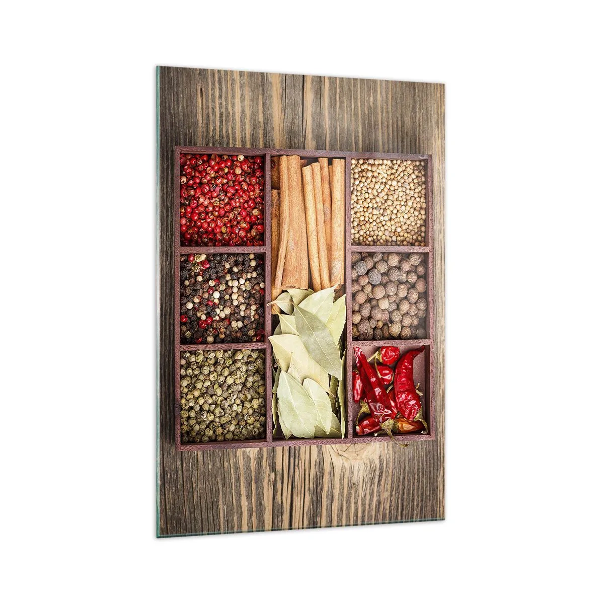 Impression sur verre - Image sur verre - Boîte en bois avec diverses épices dans des compartiments - 70x100cm - Ordre des formes, bouquet d'arômes - Décoration murale moderne pour le salon et la chambre ARTTOR