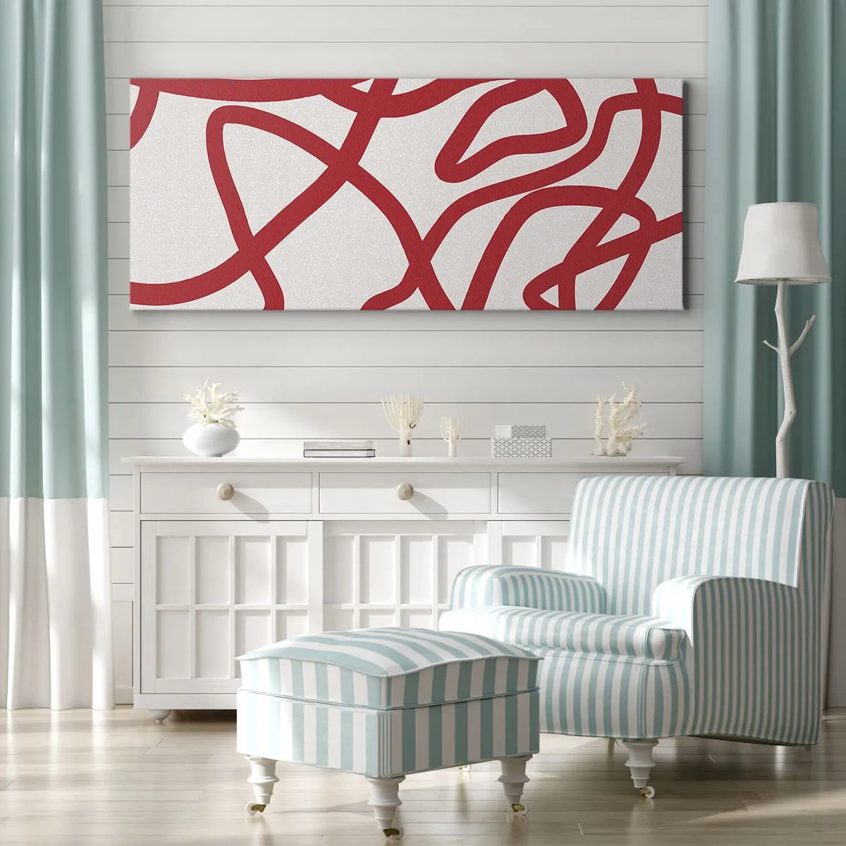 Impression sur toile - Image sur toile - Lignes abstraites rouges sur fond blanc - 120x50cm - Rouge sur blanc - Décoration murale moderne pour le salon et la chambre ARTTOR