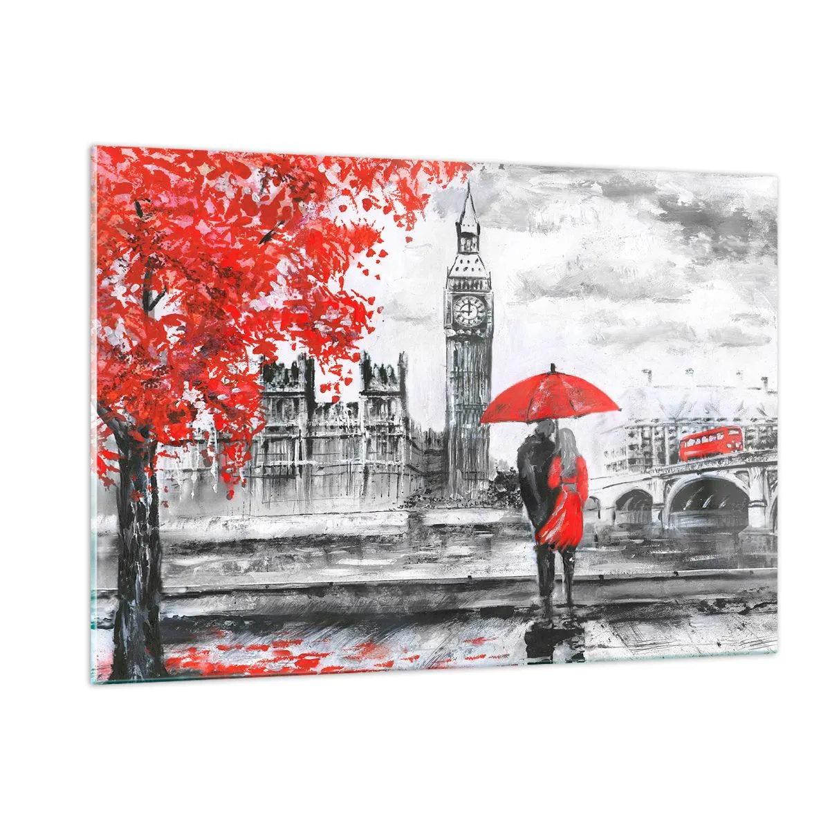 Impression sur verre - Image sur verre - Un couple sous un parapluie rouge avec Big Ben et des arbres d'automne en arrière-plan. - 120x80cm - Amoureux de Londres - Décoration murale moderne pour le salon et la chambre ARTTOR