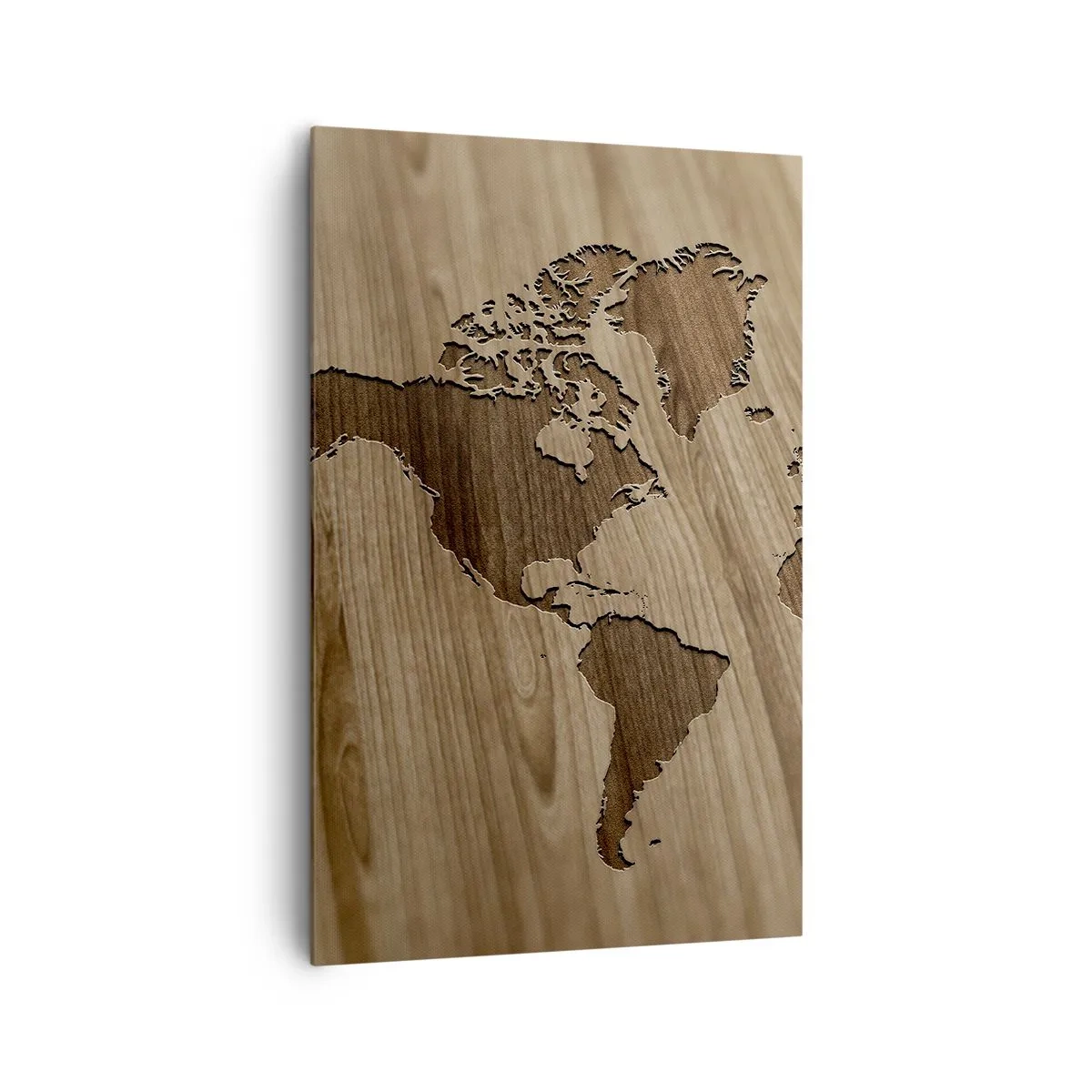 Impression sur toile - Image sur toile - Une carte du monde découpée sur une surface en bois - 80x120cm - Le monde est sur la table - Décoration murale moderne pour le salon et la chambre ARTTOR