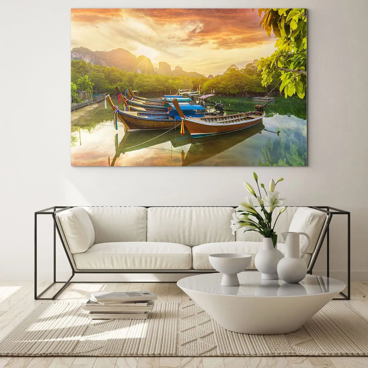 Impression sur verre - Image sur verre - Bateaux traditionnels dans un paysage tropical au coucher du soleil - 70x50cm - Avant une journée chargée - Décoration murale moderne pour le salon et la chambre ARTTOR